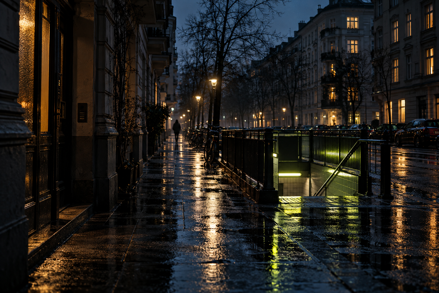 Nächtliche Berliner Straße nach Regen mit einem einsamen Passanten